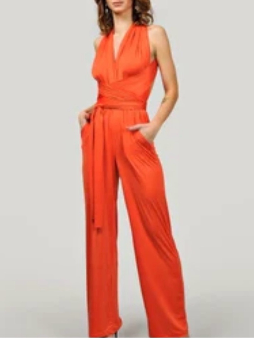 0061 LOFT Bright Orange Sleeveless Wrap-Front Jumpsuit